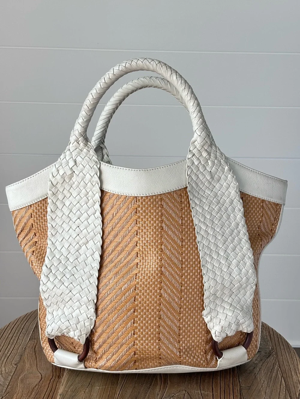 Cole Haan Tarran Tote Bag White Leather and Woven Straw